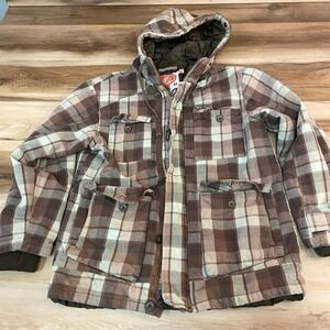Volcom Scout Plaid Hooded Parka Jacket Men's Medium Brown Quilted Lined Heavy